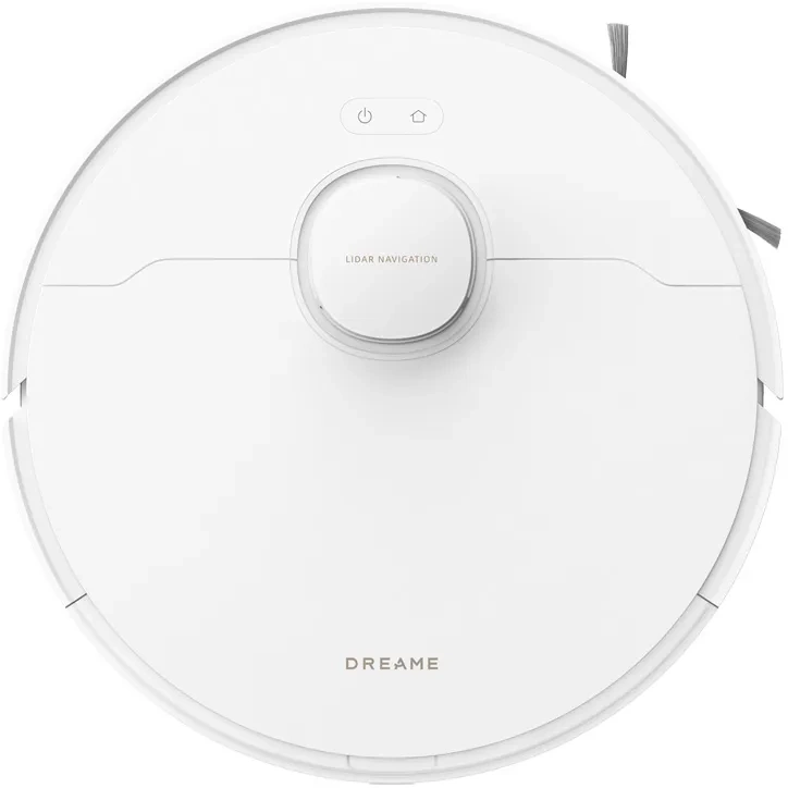 Weißer Roboter-Staubsauger von oben. Er hat eine runde Form mit einem zentralen kreisförmigen Element mit der Aufschrift 'LIDAR NAVIGATION'.