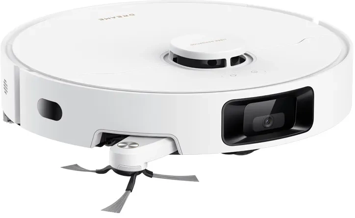 Ein weißer Roboter-Staubsauger. Er hat eine kreisförmige Form mit einem zentralen Sensor und einer nach vorne gerichteten Kamera.