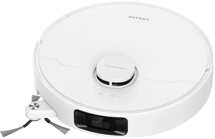 Ein weißer Roboterstaubsauger. Er hat einen runden Körper mit einer schwarzen Kamera und Bürsten. Oben steht 'DREAME'.