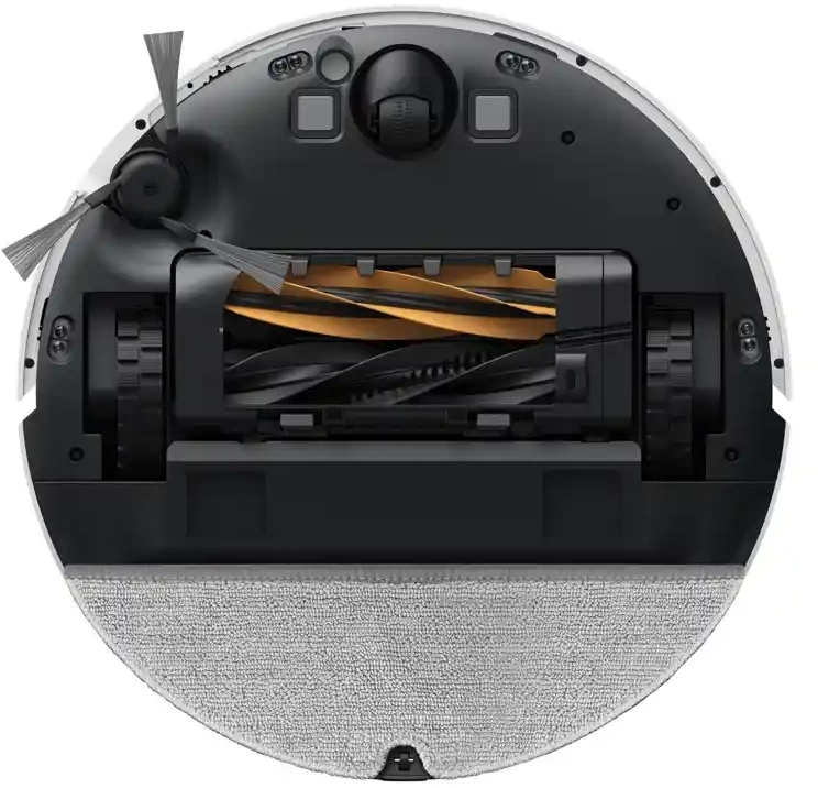 Die Unterseite eines Roboter-Staubsaugers. Er hat Bürsten, Rollen und ein Reinigungspad. Das Design ist überwiegend schwarz und weiß.