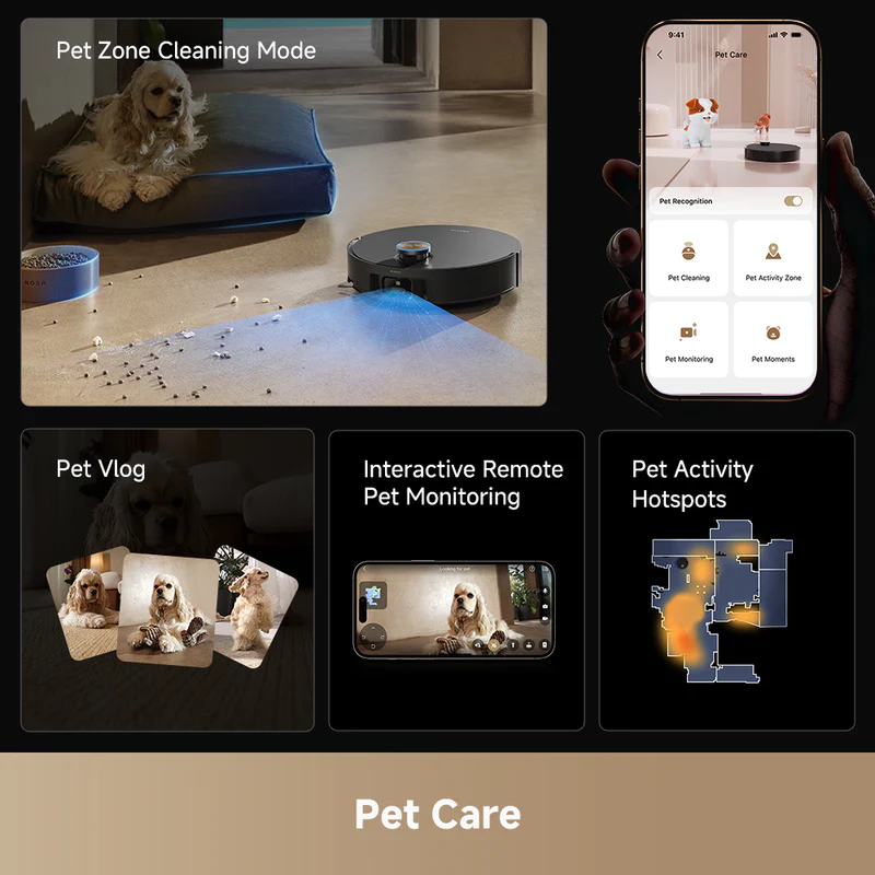 Un cane su un cuscino, un aspirapolvere robot che pulisce, telefono che mostra funzioni di cura degli animali, carte con foto di cani e mappa delle attività.