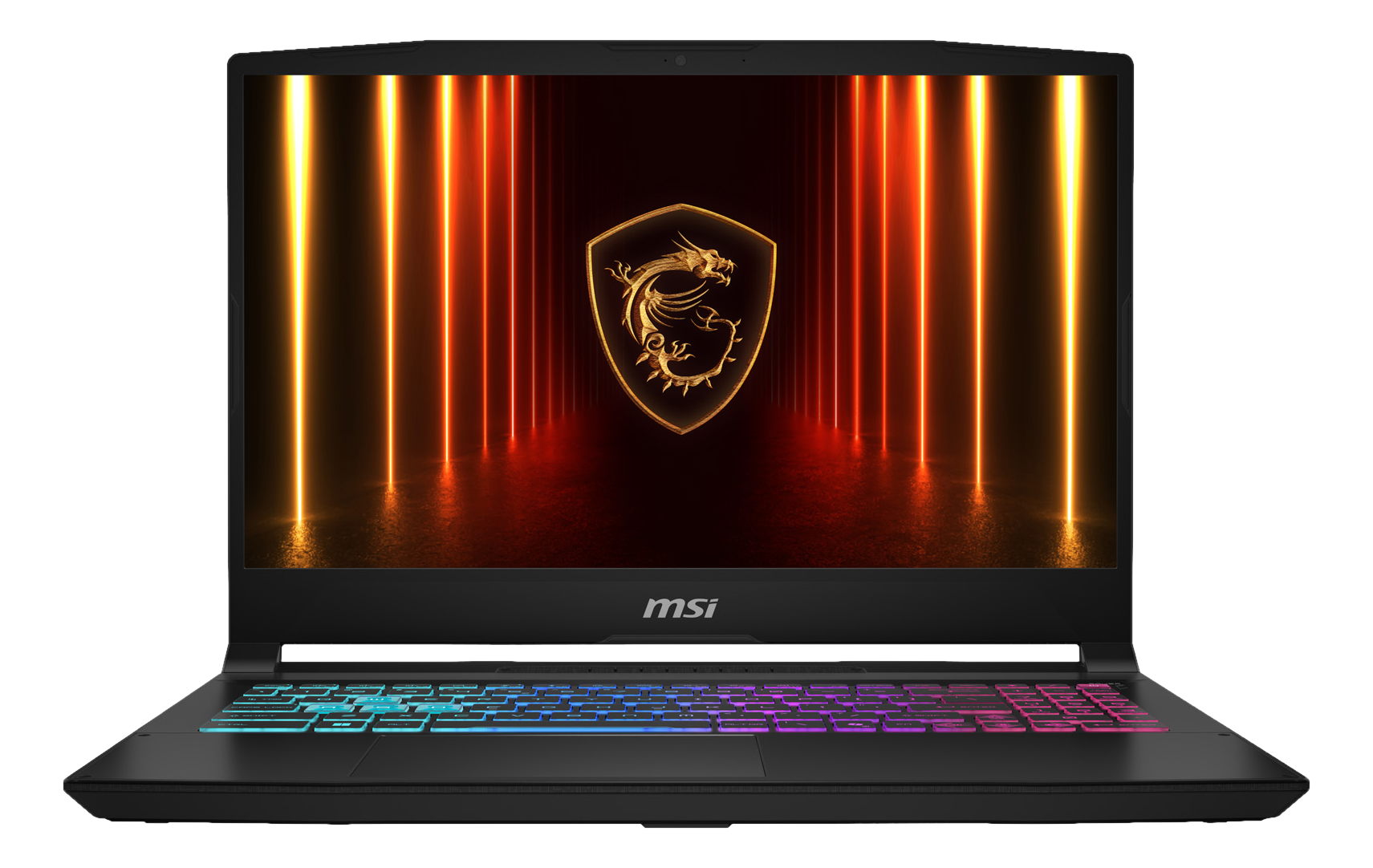 Schwarzer Laptop mit beleuchteter Tastatur. Der Bildschirm zeigt ein Drachenlogo und Neonlichter. MSI-Logo unten.