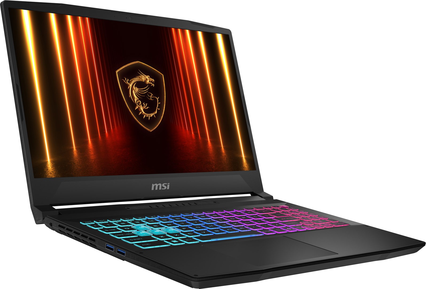 Schwarzer MSI-Laptop mit leuchtender Tastatur. Der Bildschirm zeigt ein Drachenlogo und orangefarbene Lichtstreifen.