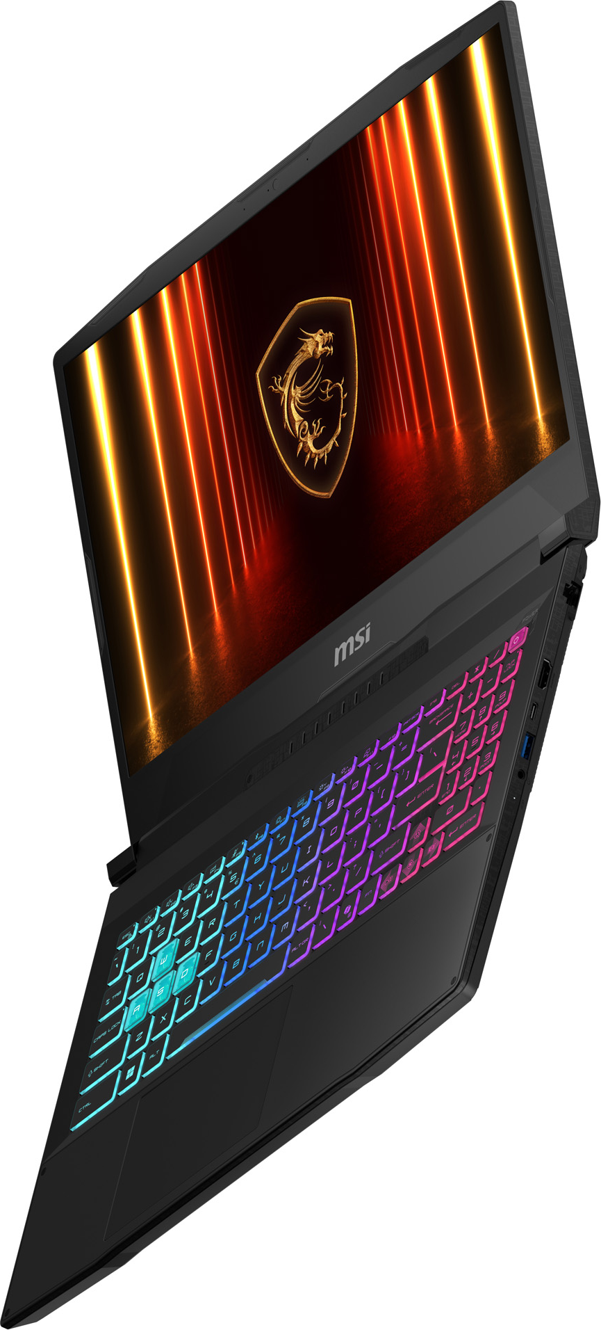 Schwarzer MSI-Laptop mit bunter Tastatur, geöffnet mit Drachenlogo auf dem Bildschirm. Orange und gelbe Lichter sind sichtbar.