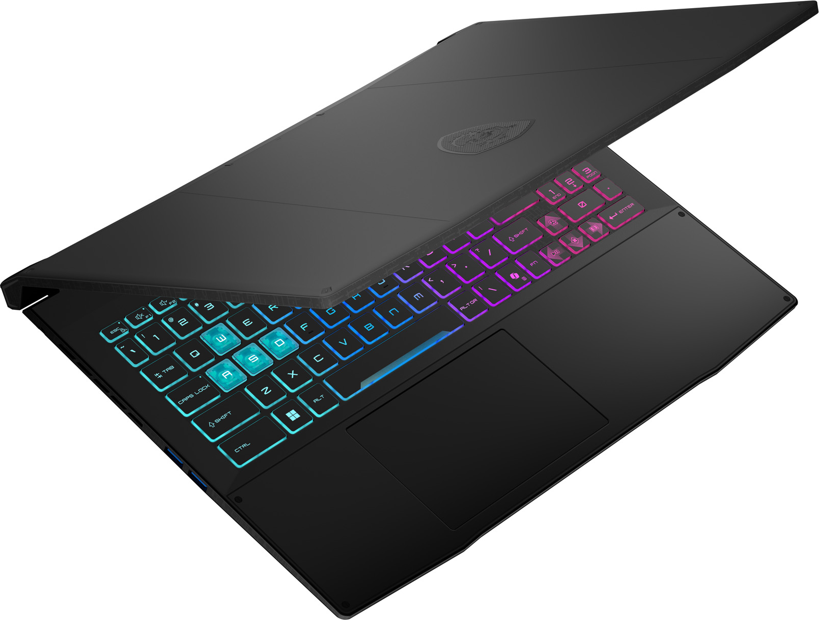 Schwarzer Laptop mit farbiger Hintergrundbeleuchtung der Tastatur, teilweise geöffnet. Tasten leuchten blau, lila und pink.