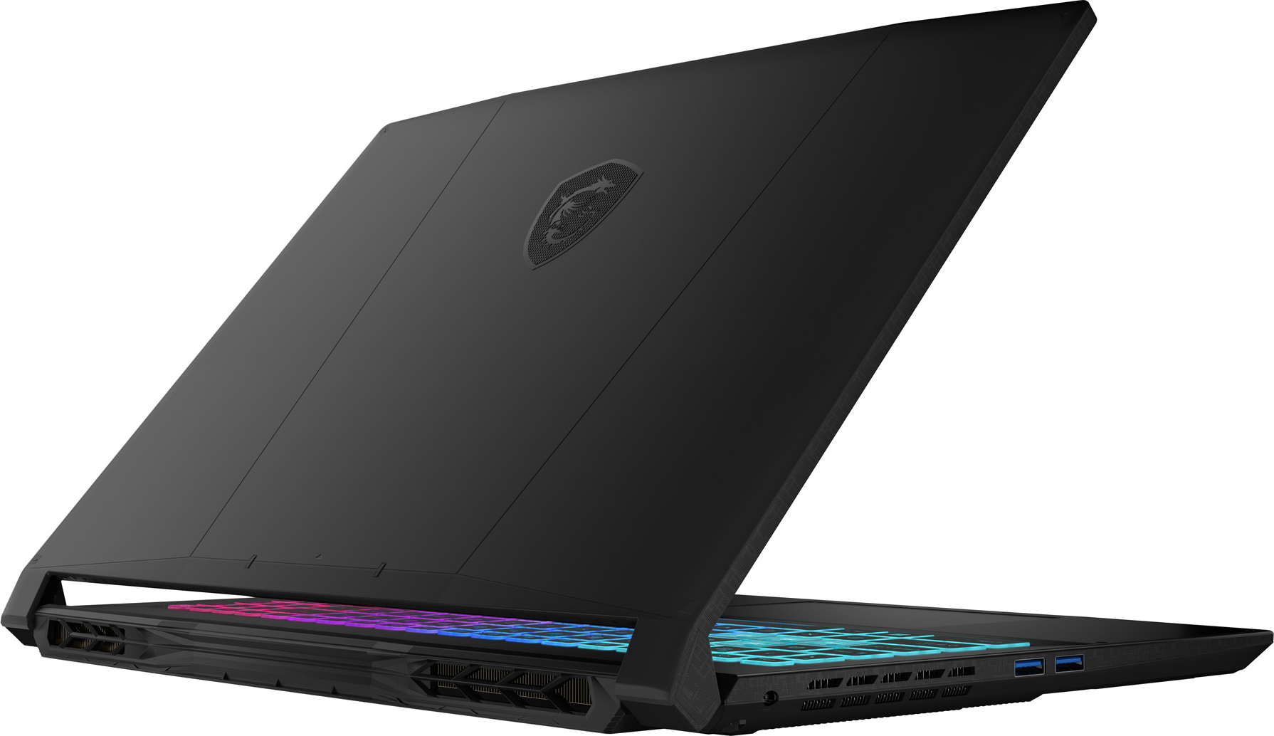 Schwarzer Laptop, in einem Winkel geöffnet, zeigt Tastatur mit bunten Lichtern. Rückseite hat ein Logo. USB-Anschlüsse sind sichtbar.