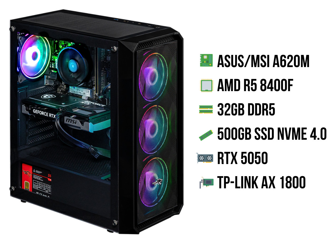 A black PC case with visible internal components. RGB fans are visible. Specs listed include ASUS/MSI, AMD, 32GB DDR5, RTX 5050.