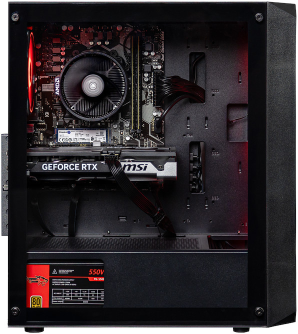 Inside a black computer case, components are visible: a CPU cooler, graphics card, power supply, and motherboard, with red lighting accents.