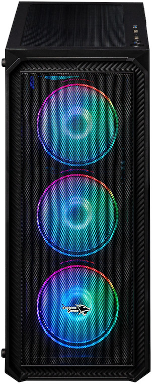 Black computer case with three illuminated RGB fans. The fans display a gradient of colors. Mesh front panel.