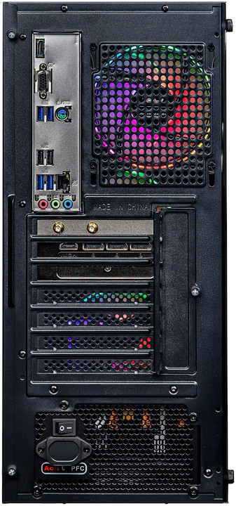 Back of a black computer case with various ports, a colorful fan, and power supply. "Made in China" is visible.