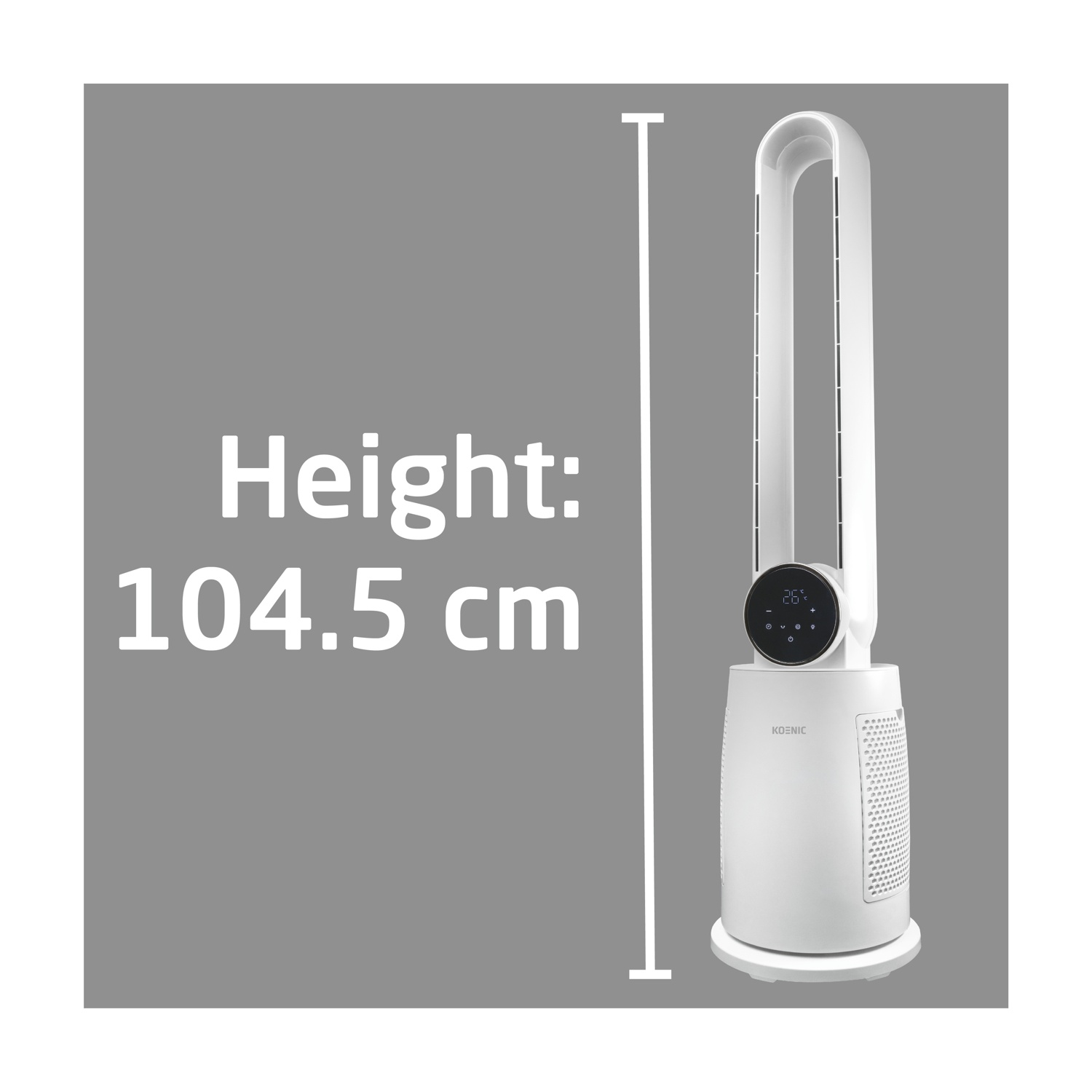 Un ventilatore a torre bianco con display digitale che mostra 26 gradi. Ha una parte superiore curva ed è etichettato 'Altezza: 104,5 cm'.