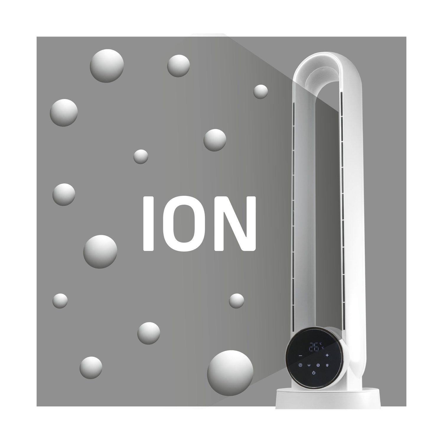 Un ventilatore a torre bianco con testo 'ION' e sfere fluttuanti su sfondo grigio. Il ventilatore mostra un display digitale.
