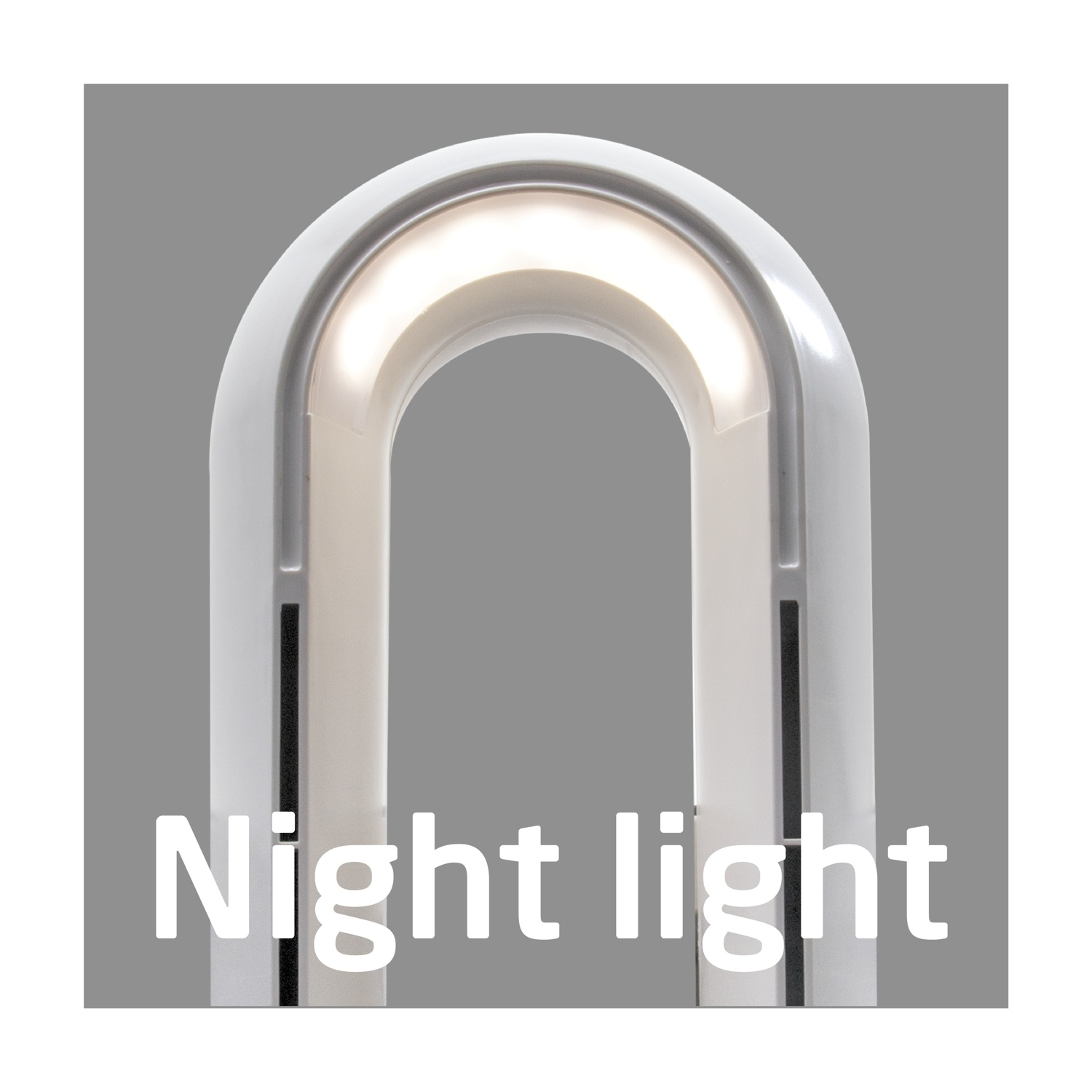 Una luce notturna bianca ad arco con centro luminoso. Il testo 'Luce notturna' è in basso. Lo sfondo è grigio.
