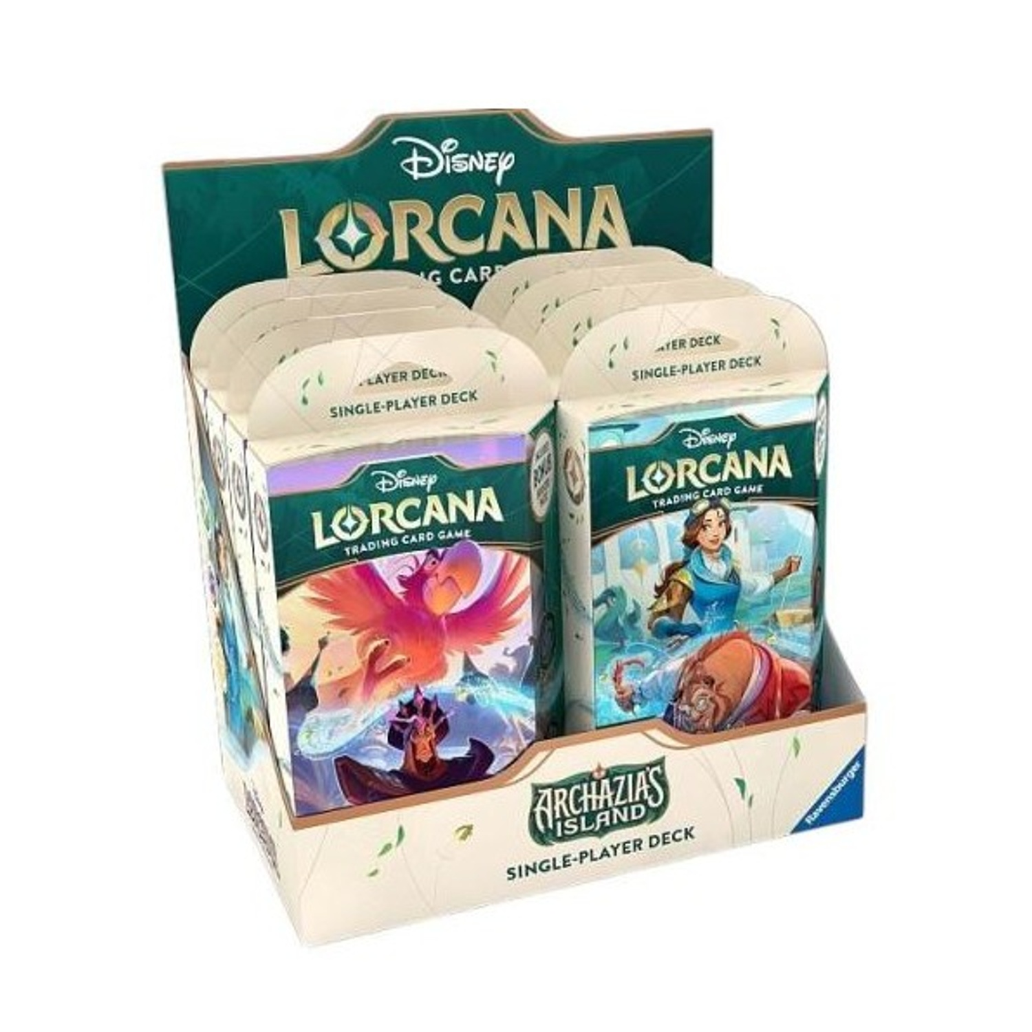 Espositore di mazzi di carte collezionabili Disney Lorcana. Ogni mazzo presenta l'arte dei personaggi. Confezione verde e bianca con logo Disney.