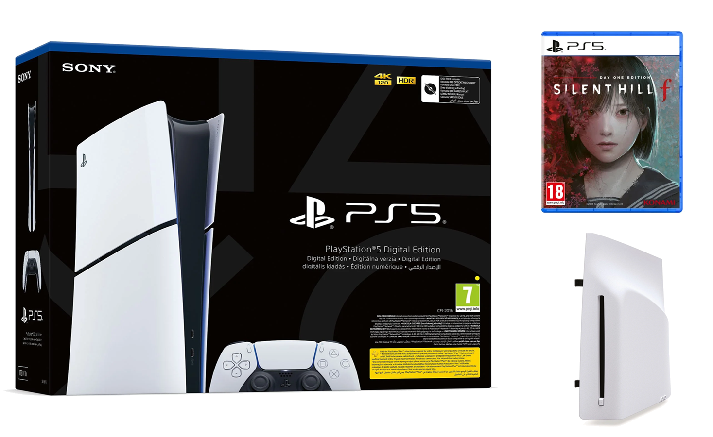 Obraz przedstawia pudełko konsoli PlayStation 5, pudełko z grą 'Silent Hill f' i podstawkę konsoli. Pudełko jest czarno-białe.