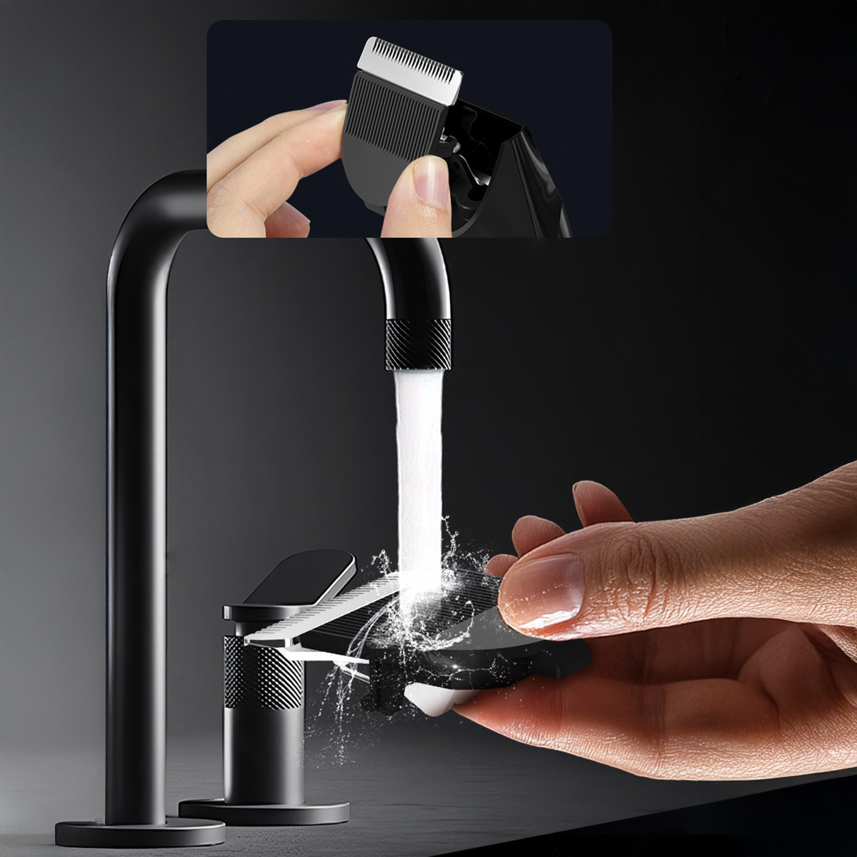 Dłoń trzyma czarny element golarki nad kranem z płynącą wodą. Woda rozpryskuje się na czarnej powierzchni.
