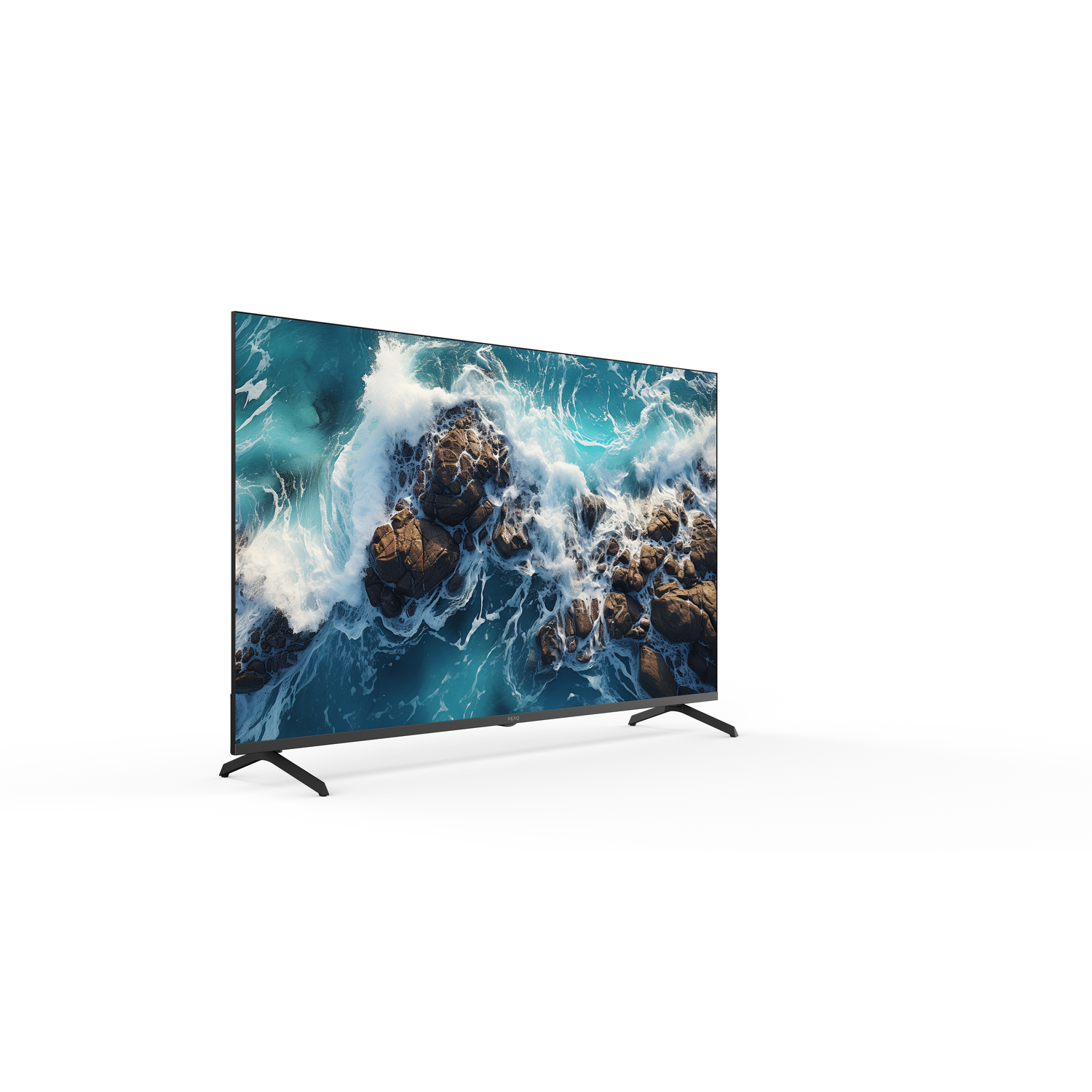 A television displays a seascape with waves crashing on rocks. The TV is on a white surface with black legs.