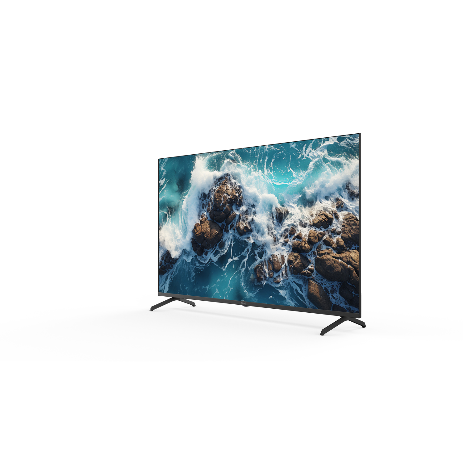 A flat-screen TV displays an ocean scene with waves crashing over rocks. The TV is black, stands on two legs, and is on a white surface.