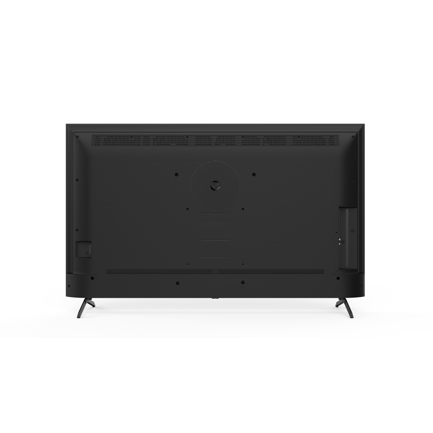 A black TV back on a white background. It has a circular mount, vents, and ports. Two black legs support it.