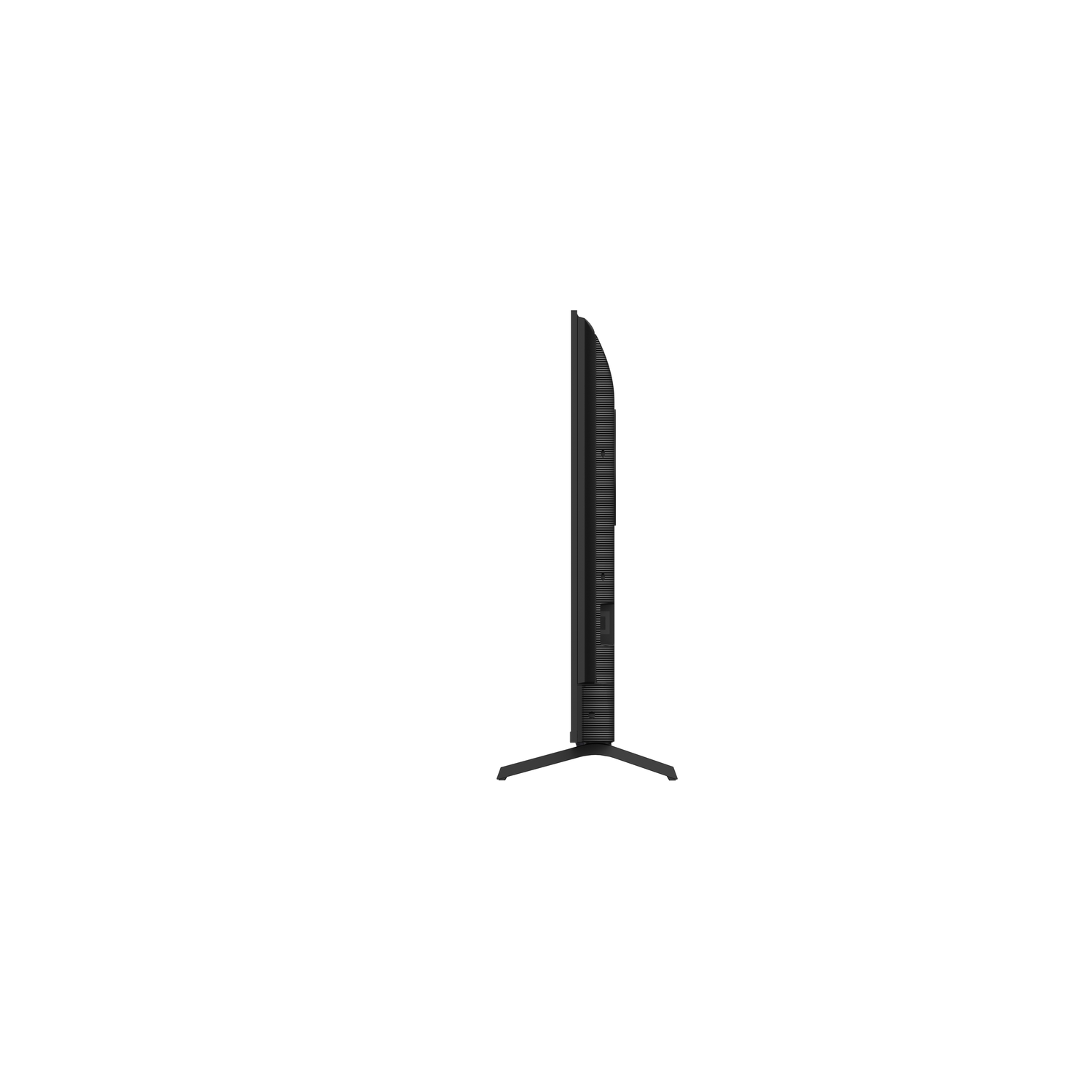 A black television, seen from the side, stands on a white background. The TV is tall and thin, with a stand at the bottom.