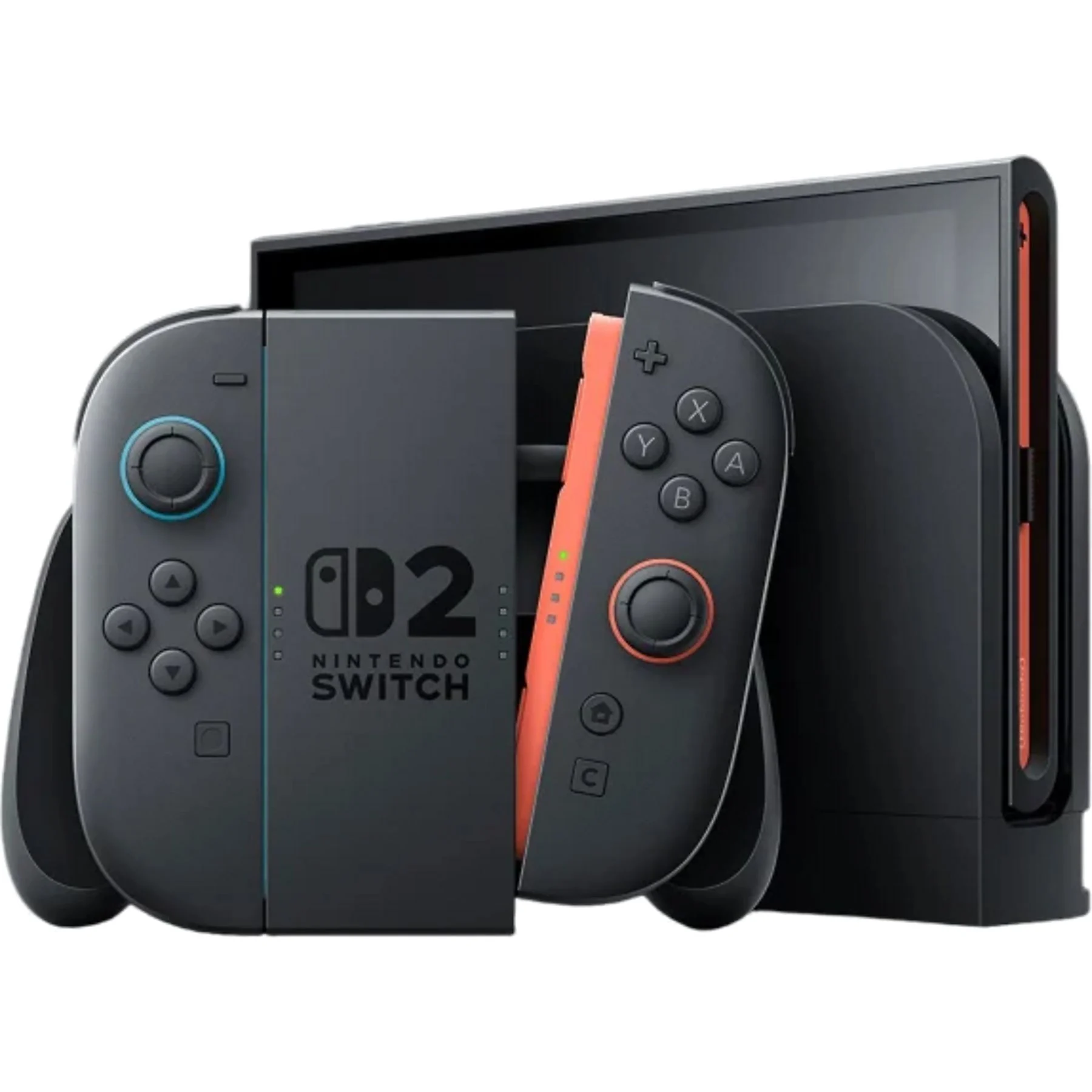 Czarna konsola Nintendo Switch z odłączonymi kontrolerami, jednym pomarańczowym i jednym czarnym, na białym tle.