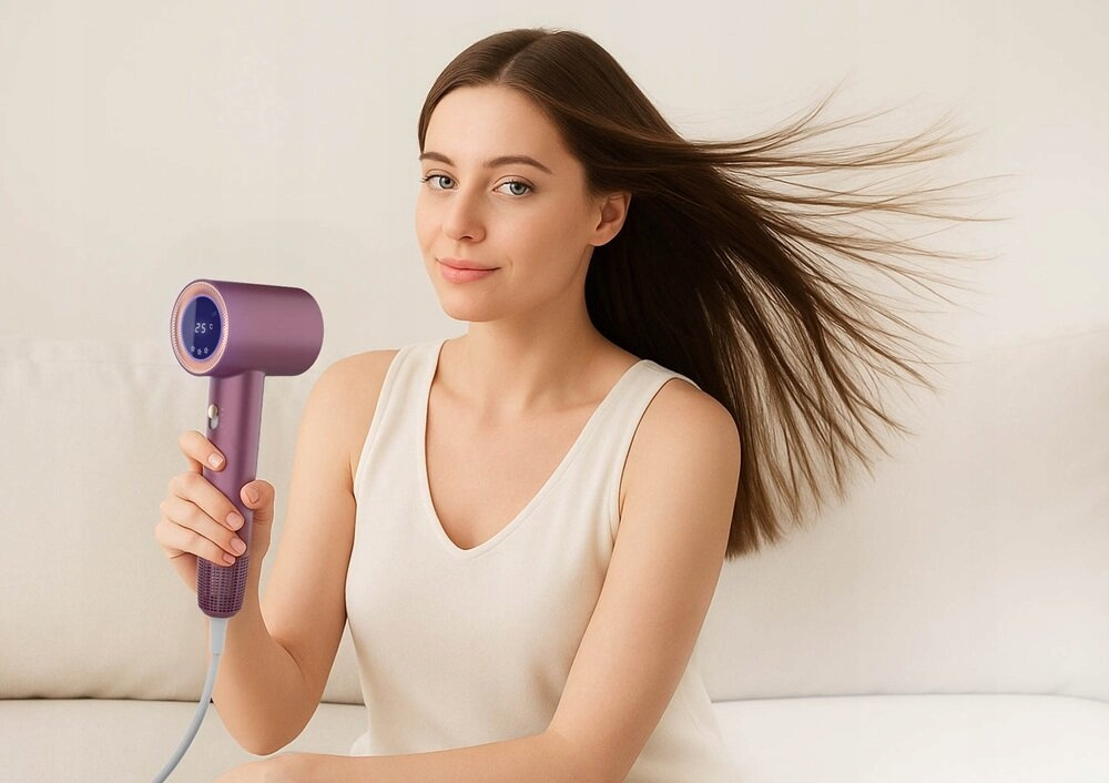 Kobieta trzyma fioletową suszarkę do włosów, jej włosy powiewają. Ma na sobie biały top i uśmiecha się. Tłem jest biała sofa.