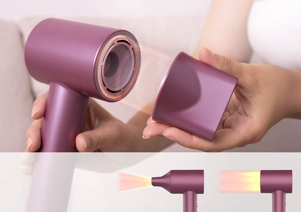 Osoba trzyma rozłożoną fioletową suszarkę do włosów. Dysza jest odłączona od głównego korpusu. Poniżej znajdują się schematy przepływu powietrza.