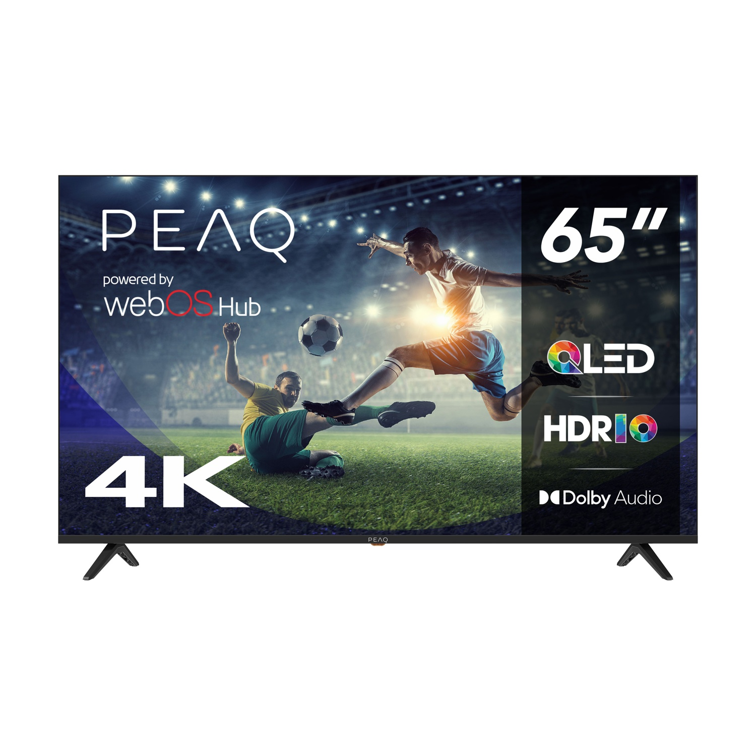 Un televisore PEAQ da 65 pollici mostra una partita di calcio. I giocatori sono in azione. Include 4K, QLED, HDR10 e Dolby Audio.