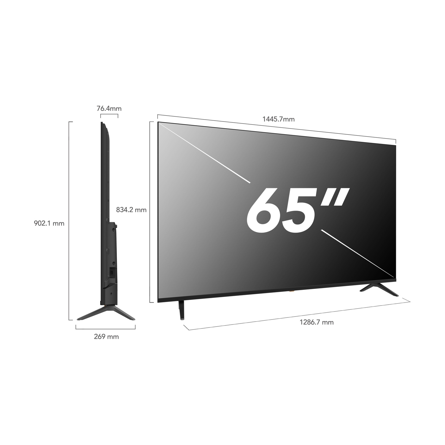 Un televisore da 65 pollici con dimensioni. Il televisore è nero, con un grande testo da 65". Le dimensioni sono indicate anche in mm.
