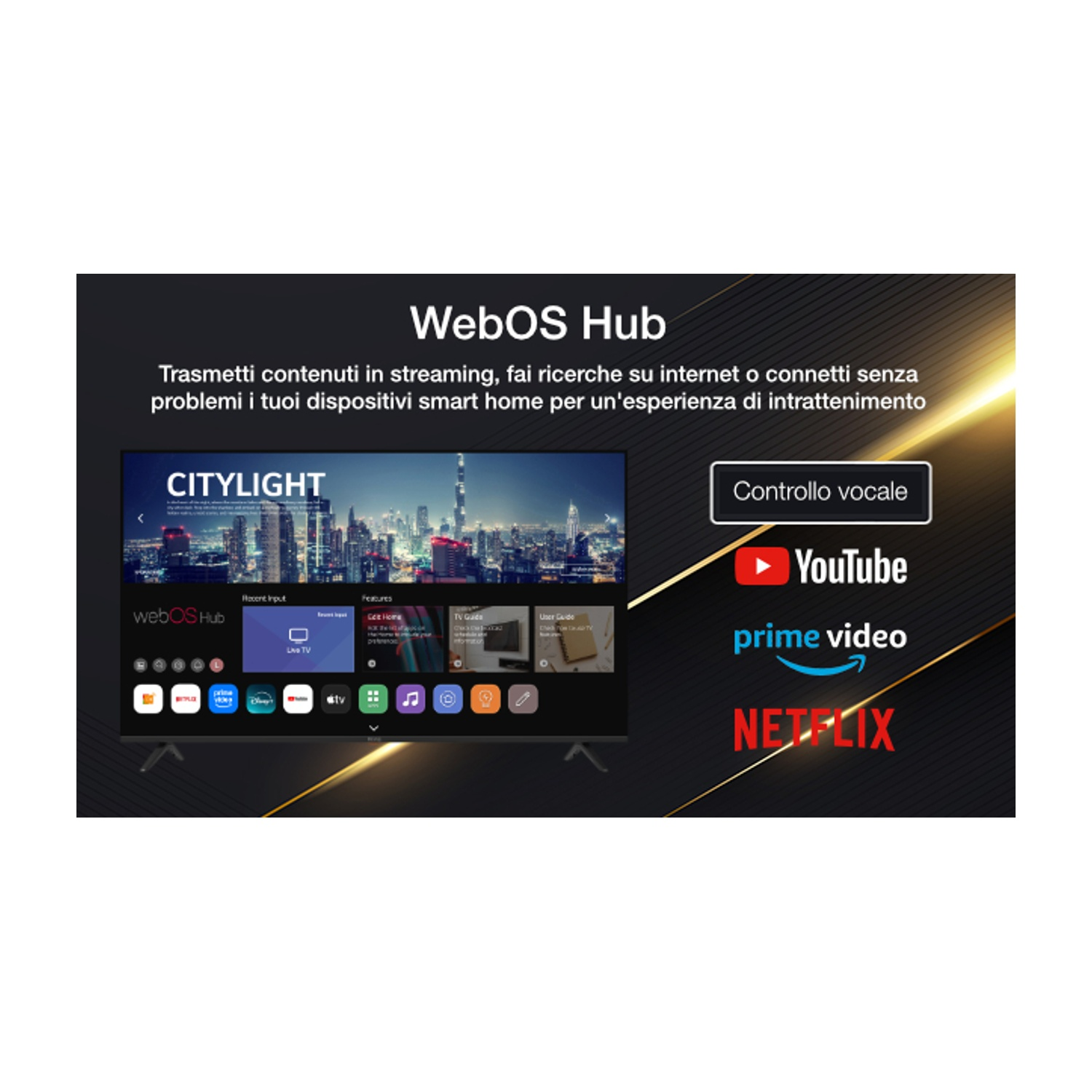 Uno schermo TV mostra l'interfaccia WebOS Hub. Sono visibili app come YouTube, Prime Video e Netflix. Lo schermo mostra una città di notte.