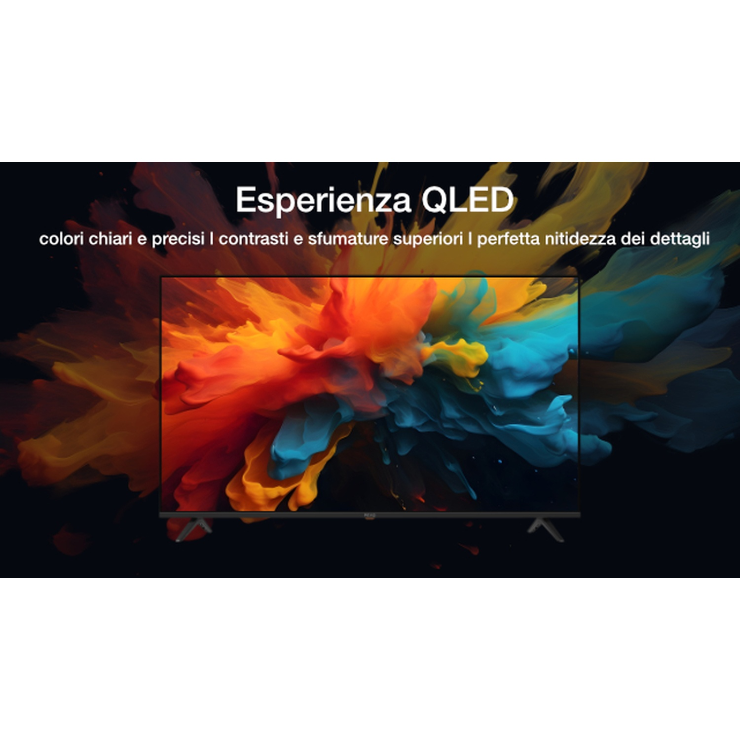 Un televisore QLED mostra arte astratta colorata. Il testo recita 'Esperienza QLED' e altri dettagli sulla qualità dell'immagine.