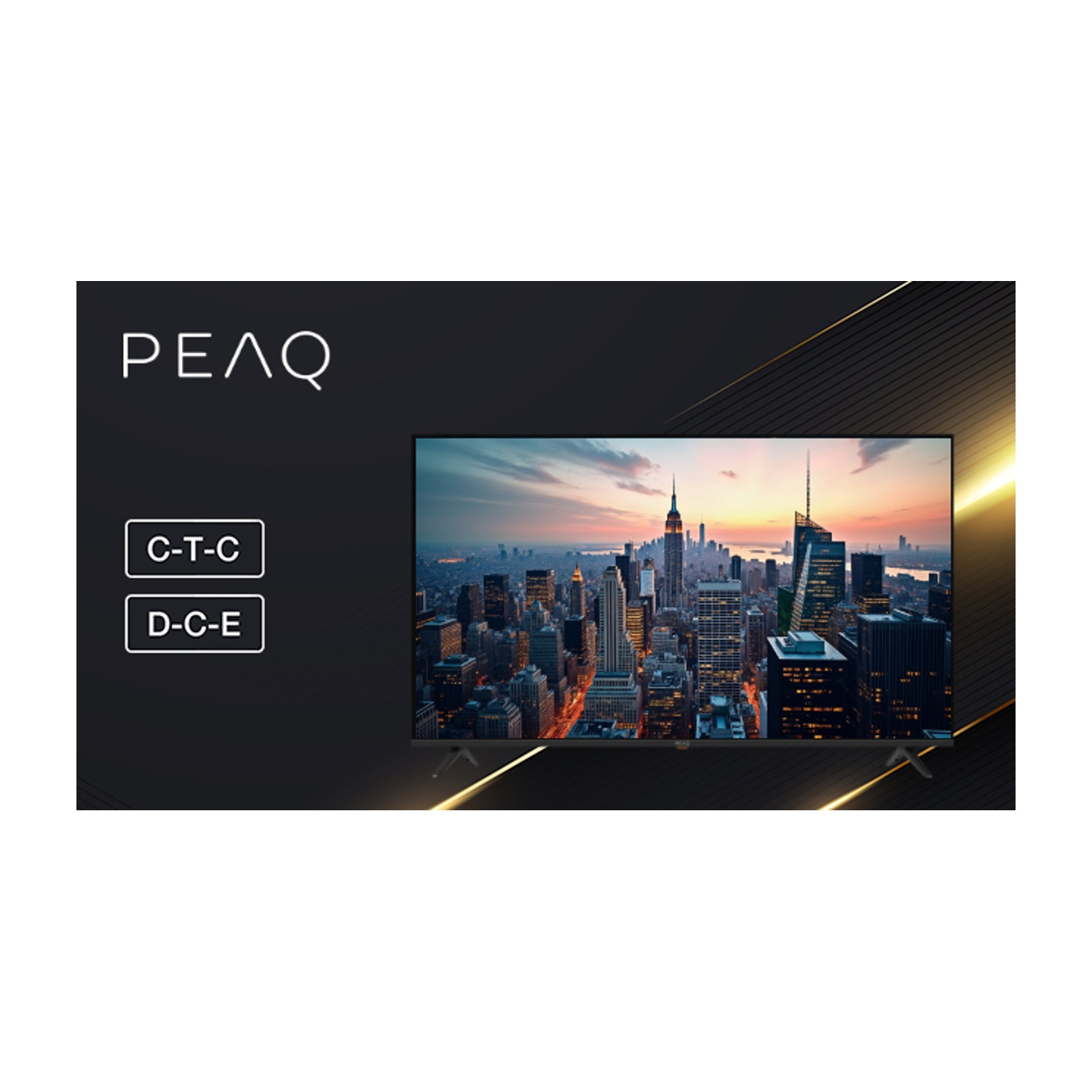 Un televisore mostra un paesaggio urbano al tramonto. Lo schermo è incorniciato da un bordo nero. Il logo del marchio è PEAQ. I pulsanti indicano C-T-C e D-C-E.