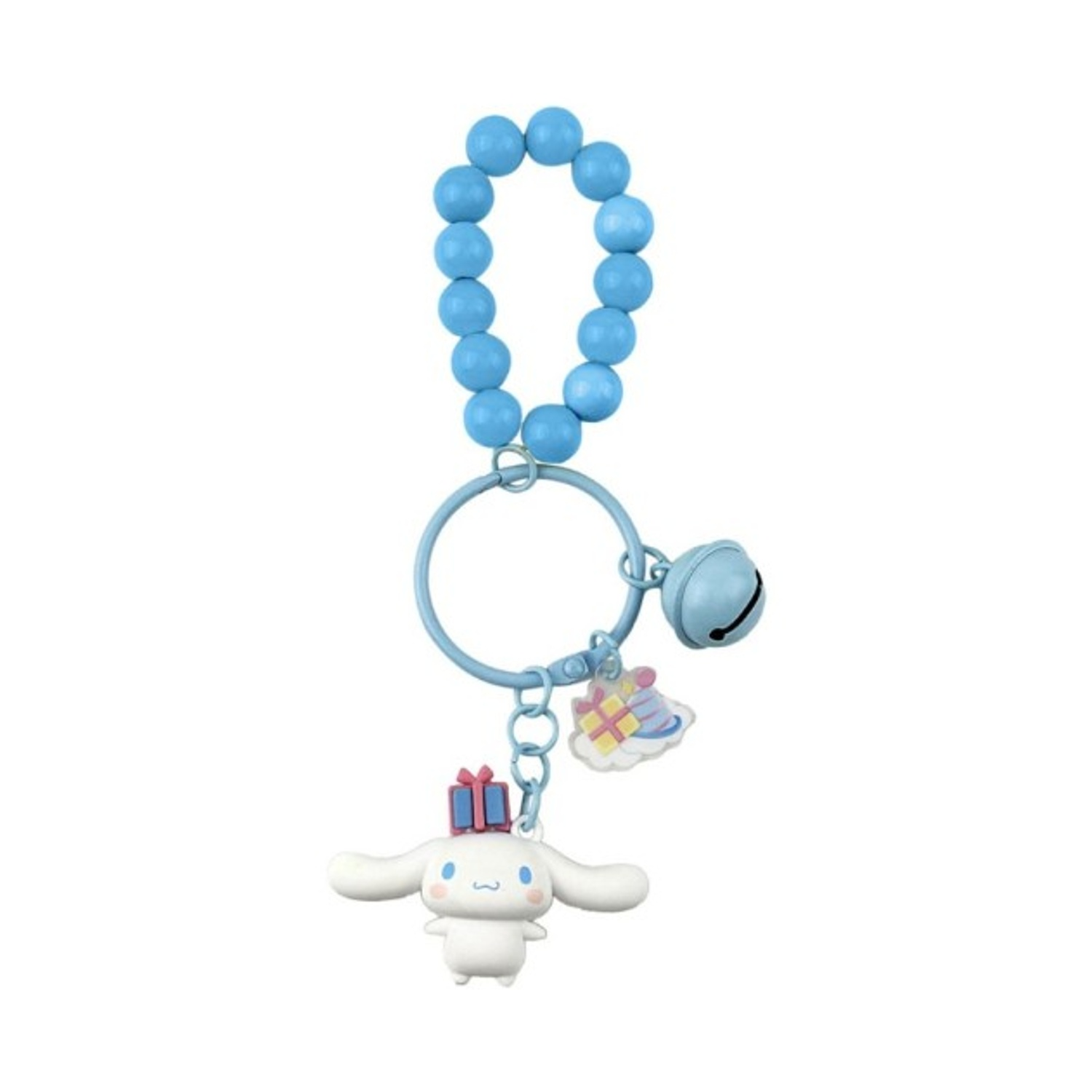 Un portachiavi con un personaggio di cartone animato bianco che tiene dei regali. Ha un cinturino di perline blu, una campana e un anello. Lo sfondo è bianco.