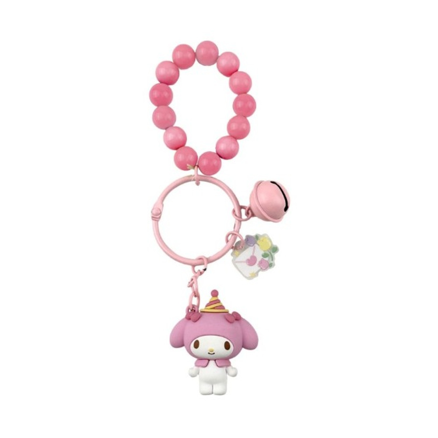 Un portachiavi rosa di My Melody. Ha una parte superiore con perline rosa, una campana e una figura di My Melody con un cappello da festa. Sfondo bianco.