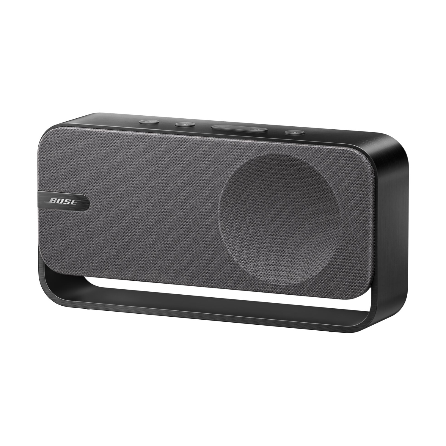 Un altoparlante Bose nero. Ha una copertura dell'altoparlante grigio scuro e un telaio nero. I pulsanti sono visibili in alto.