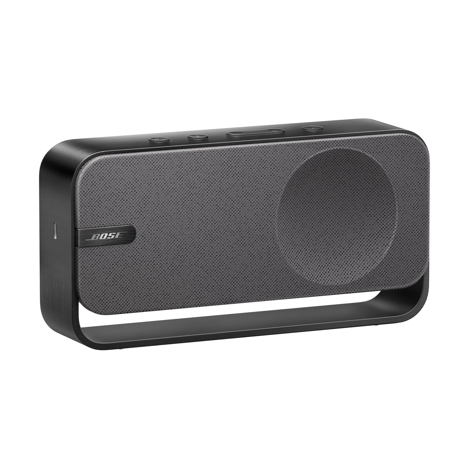 Un altoparlante portatile Bose nero con una griglia dell'altoparlante grigia e un design curvo.