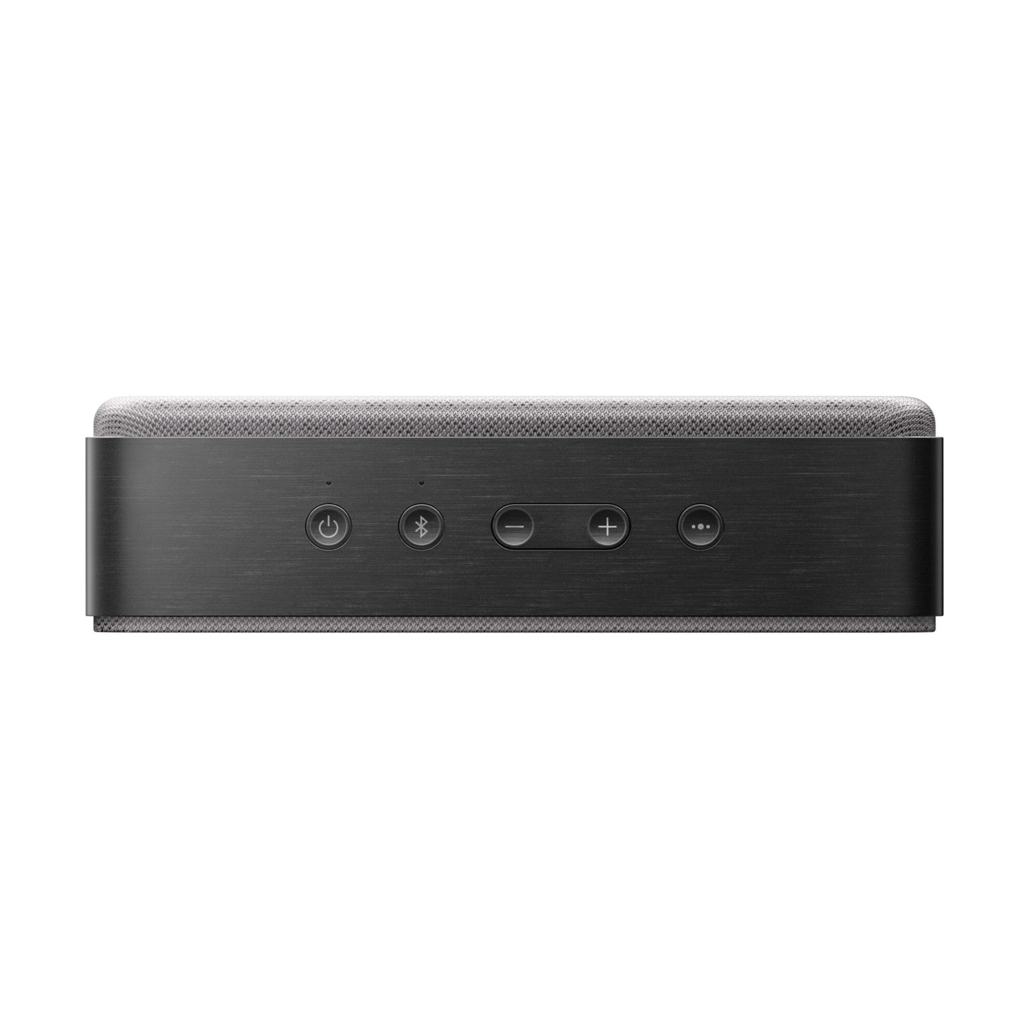 Un altoparlante nero rettangolare con una parte superiore in rete grigia. I pulsanti includono accensione, Bluetooth, meno, più e tre punti.