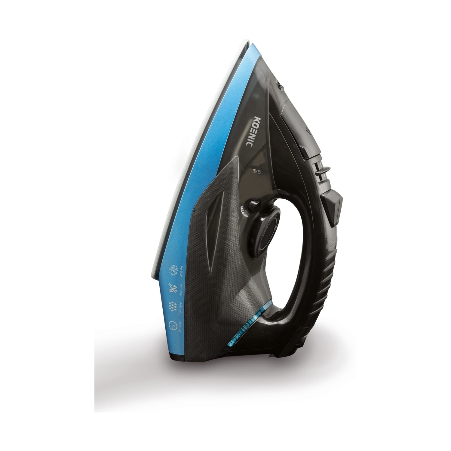 Un ferro da stiro nero e blu con il marchio 'Koenic'. Include impostazioni vapore, antigoccia e spegnimento automatico, isolato su bianco.