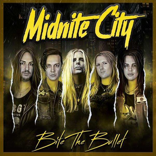 Albumcover für Midnite City, mit fünf Bandmitgliedern. Titel lautet 'Midnite City' und 'Bite The Bullet' darunter.