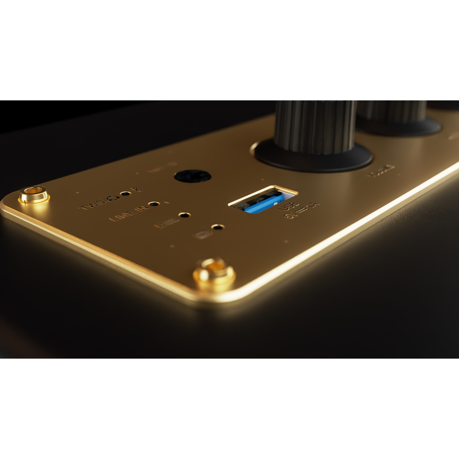 Primo piano di un pannello color oro con manopole nere e una porta USB. Dettagli del testo: 'LINE IN' e 'USB 5V=1A'.