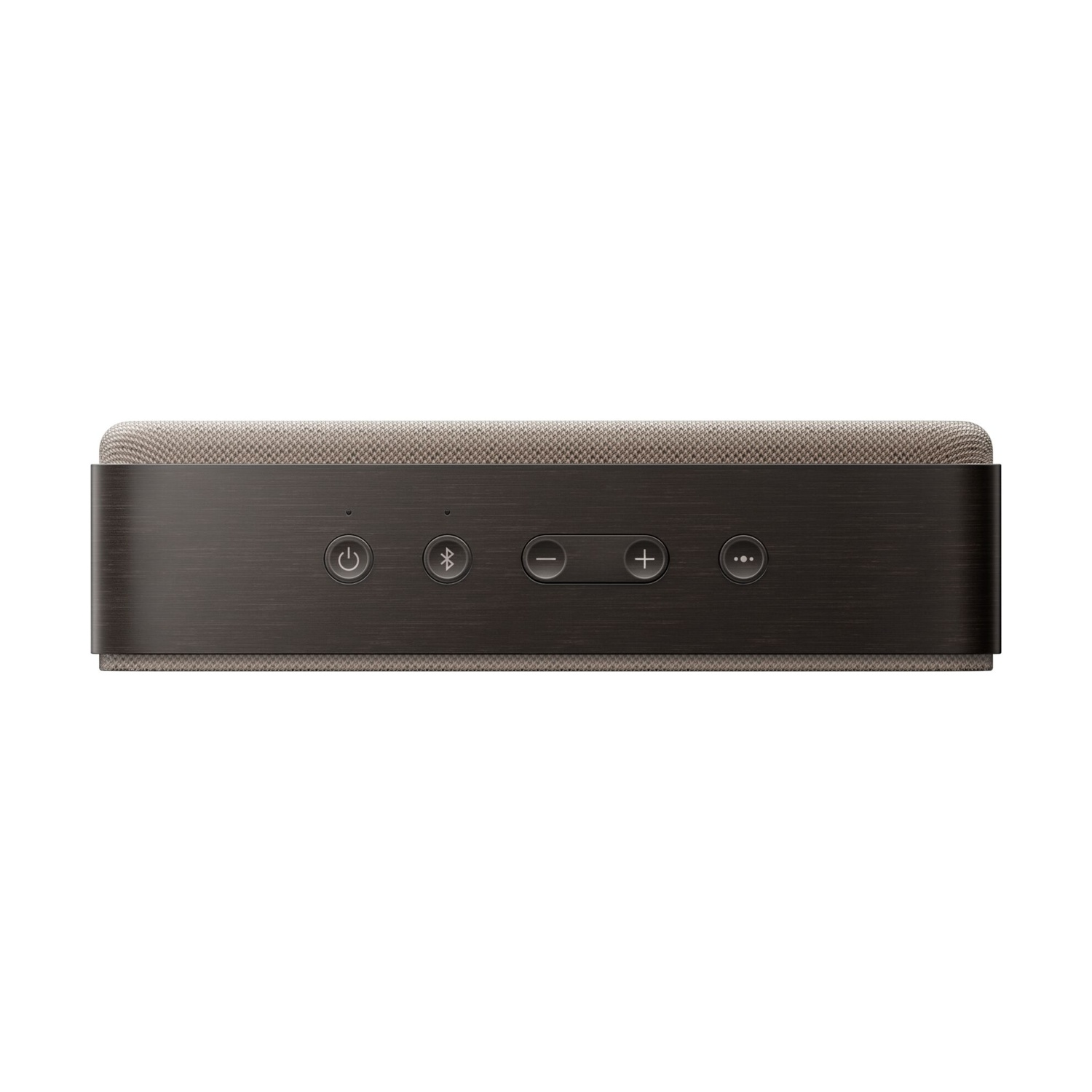 Un altoparlante grigio scuro con pulsanti. Ha una parte superiore in rete, una fascia scura con pulsanti di accensione, bluetooth, volume e funzione.