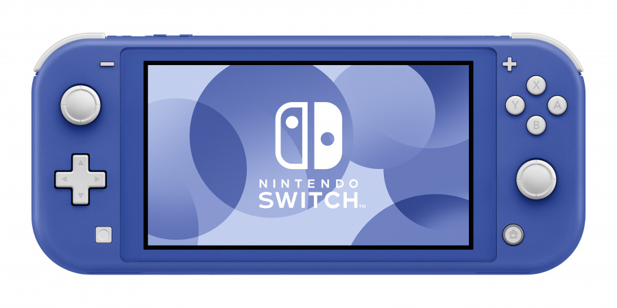 Niebieska konsola Nintendo Switch Lite. Posiada ekran z logo Nintendo Switch i przyciskami.