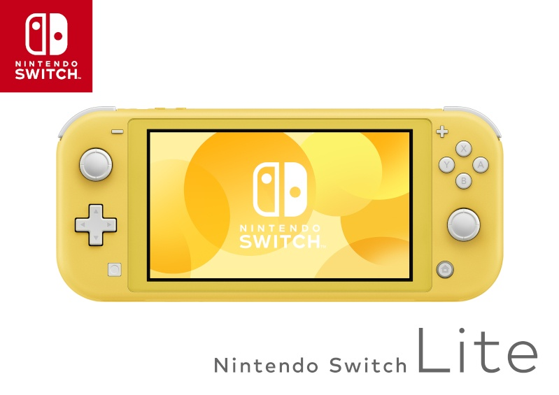 Żółta konsola Nintendo Switch Lite. Ekran wyświetla logo Nintendo Switch. Tekst: Nintendo Switch Lite.