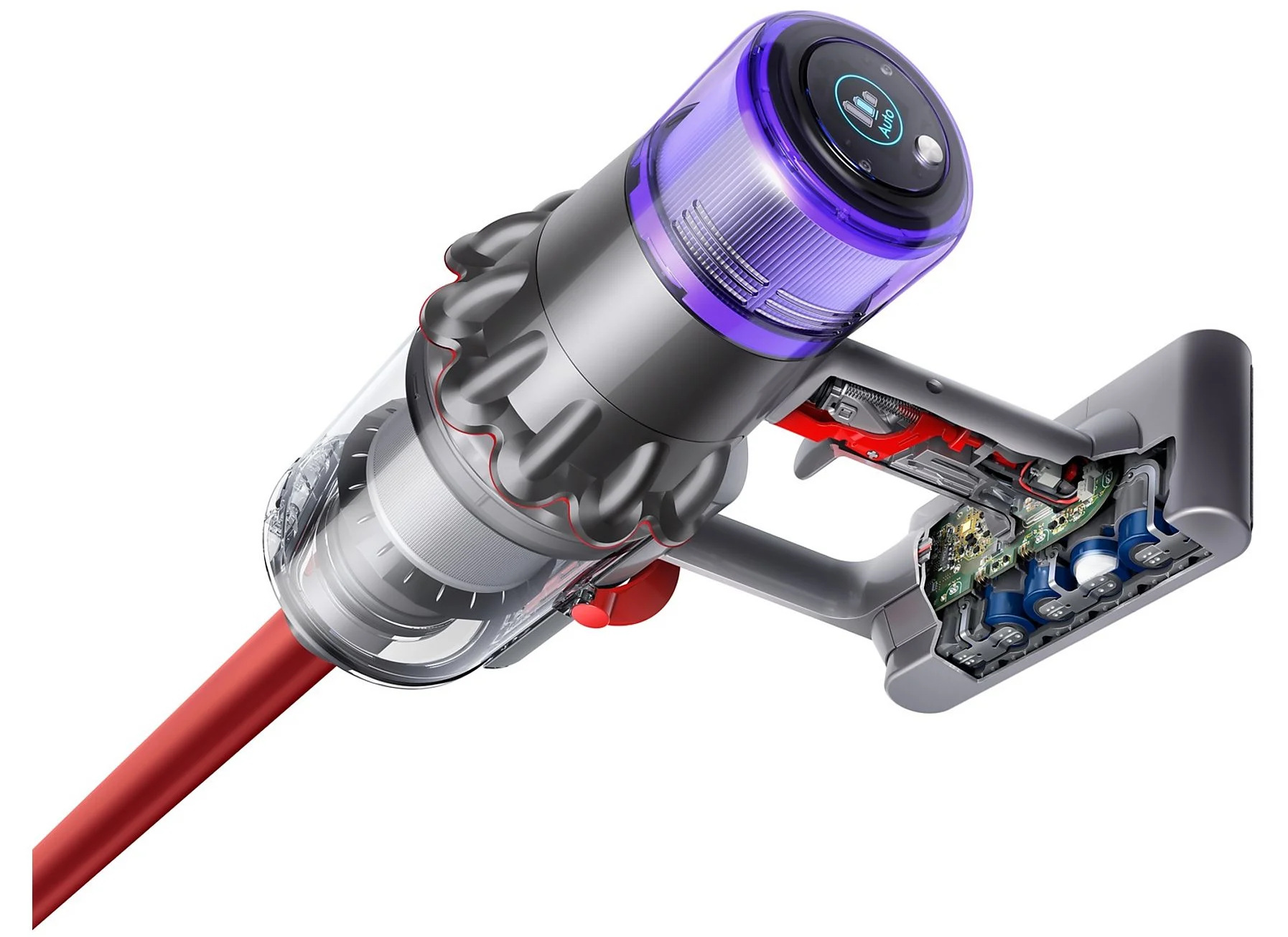 Srebrny i fioletowy odkurzacz bezprzewodowy. Czerwona rura idzie w dół, a wewnętrzne elementy są widoczne.