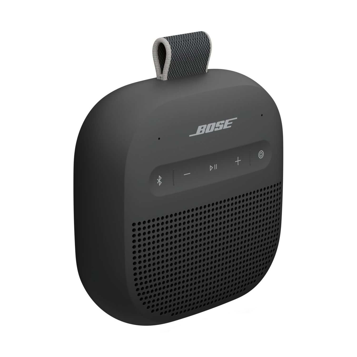 Un altoparlante Bose grigio scuro con maniglia. Ha pulsanti di controllo e un'area altoparlante perforata. Lo sfondo è bianco.