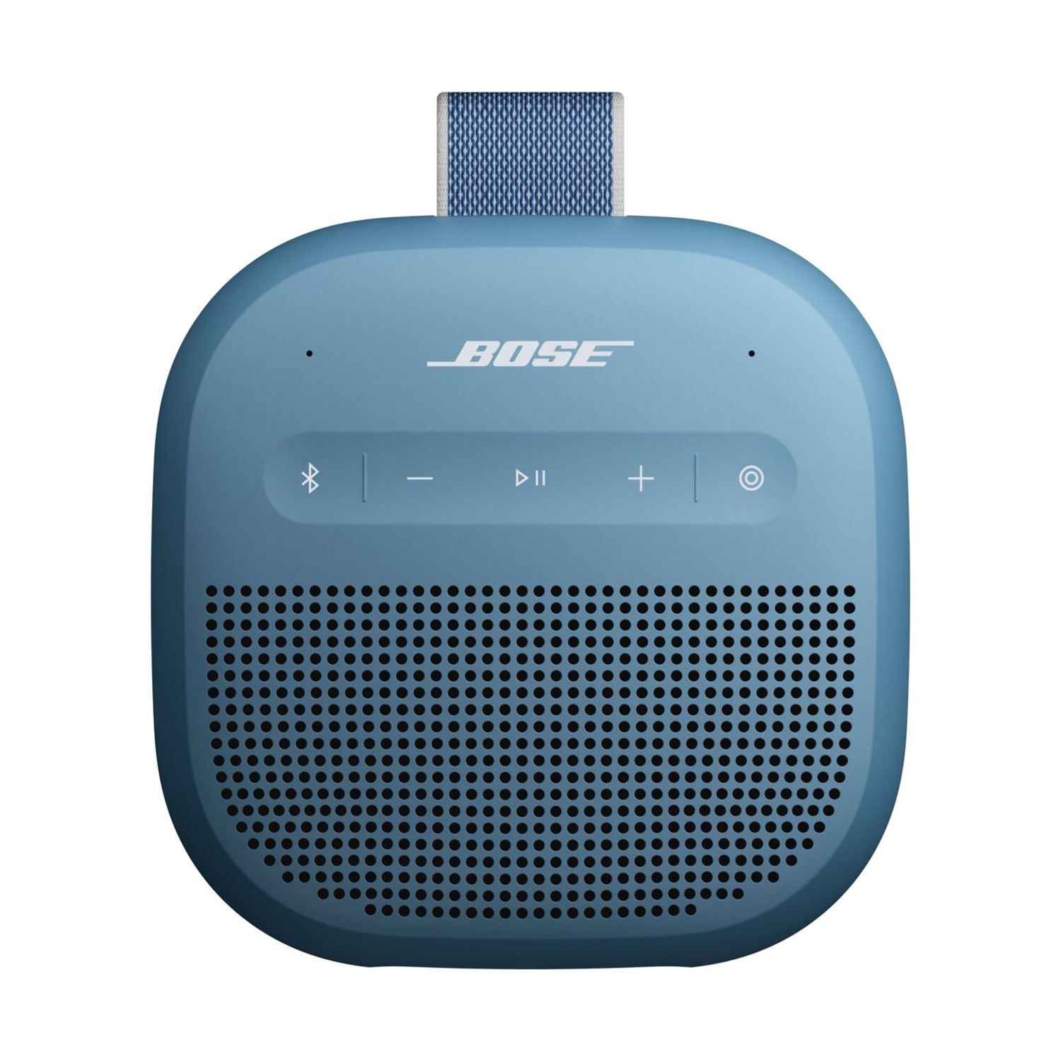 Un altoparlante portatile Bose blu. Ha una maniglia in tessuto. I pulsanti sono in alto. L'altoparlante ha una griglia di fori in basso.