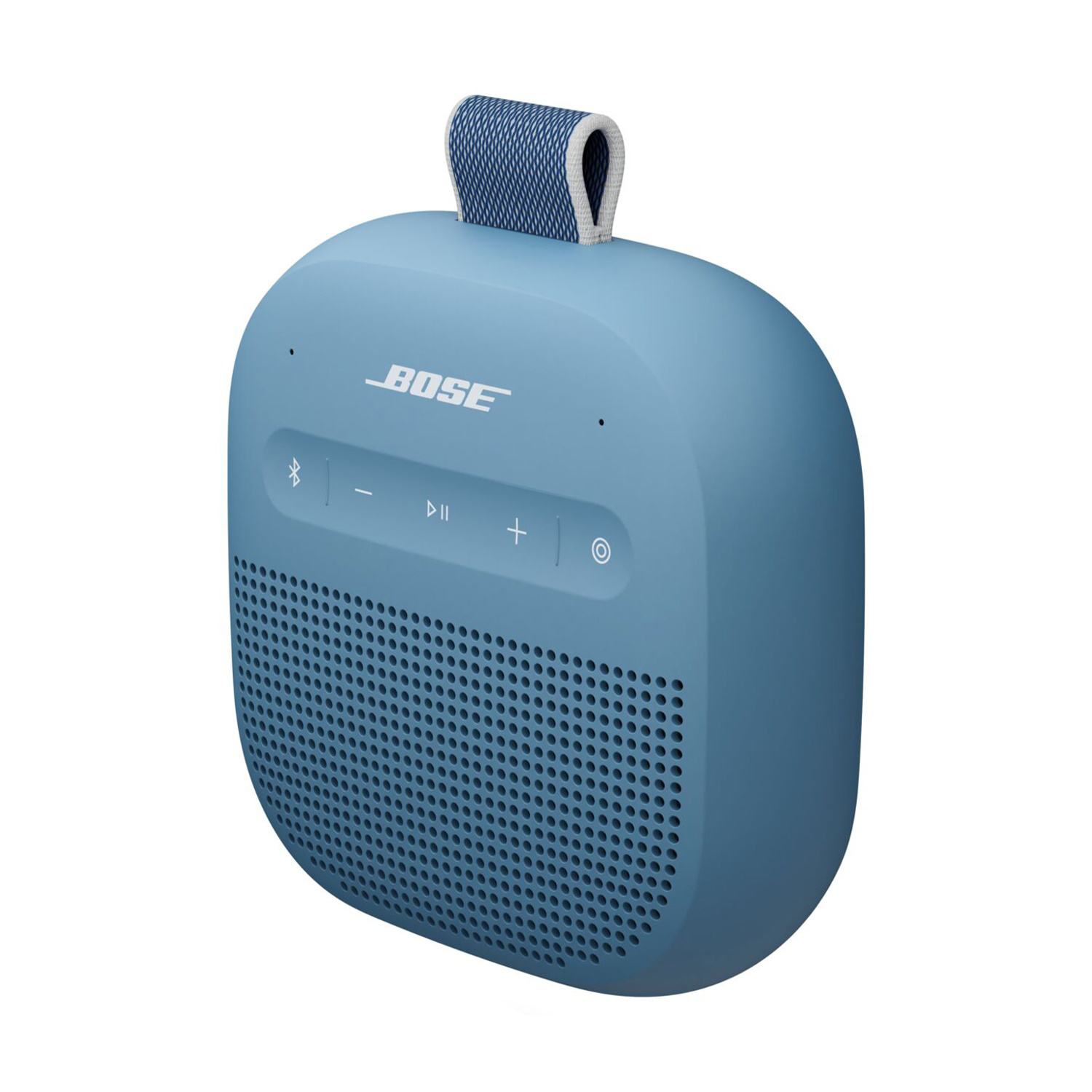 Un altoparlante portatile Bose blu con maniglia. Ha pulsanti di controllo e un fronte perforato. Lo sfondo è bianco.