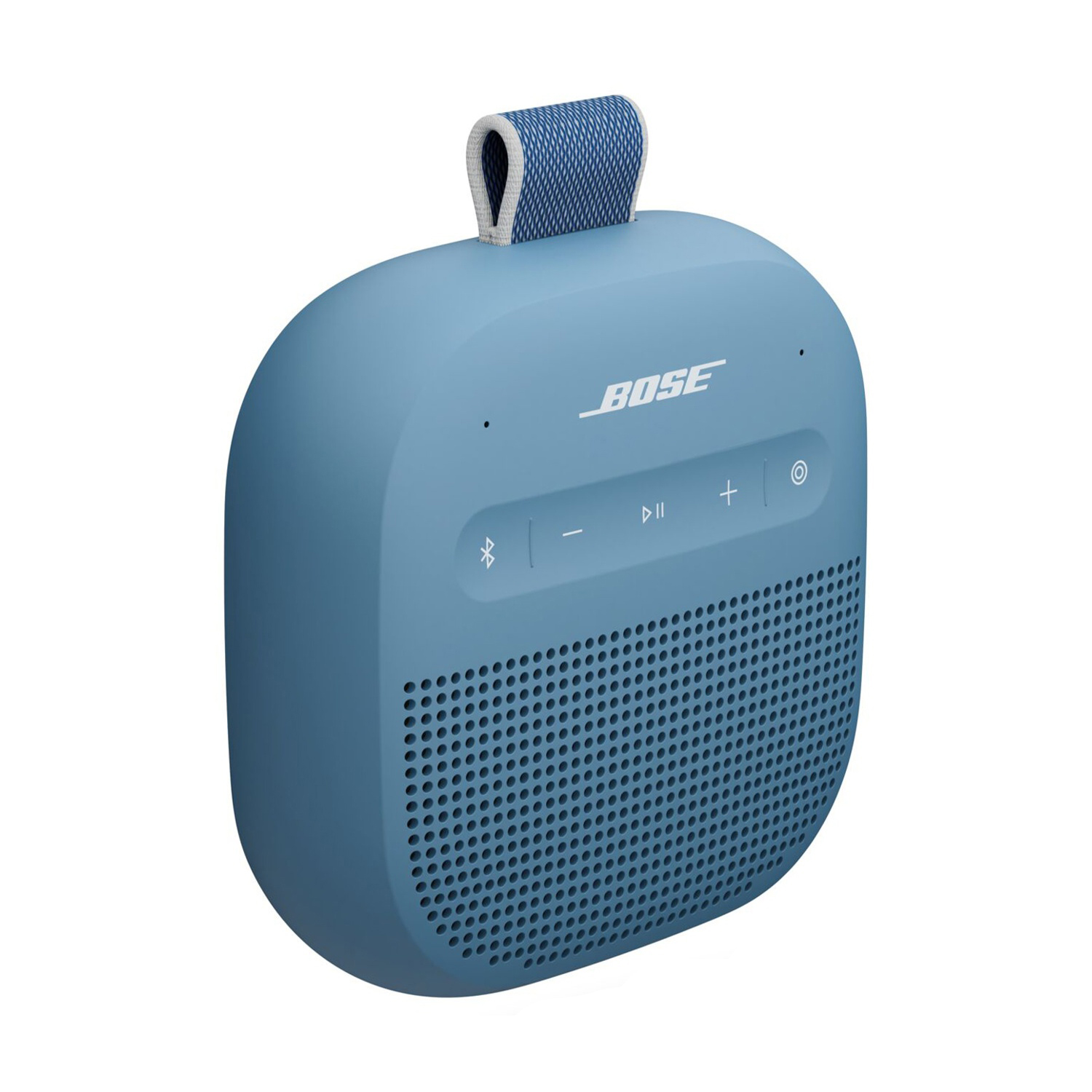 Un altoparlante portatile Bose blu con manico in tessuto. Ha pulsanti di controllo e una griglia per altoparlanti. Lo sfondo è bianco.