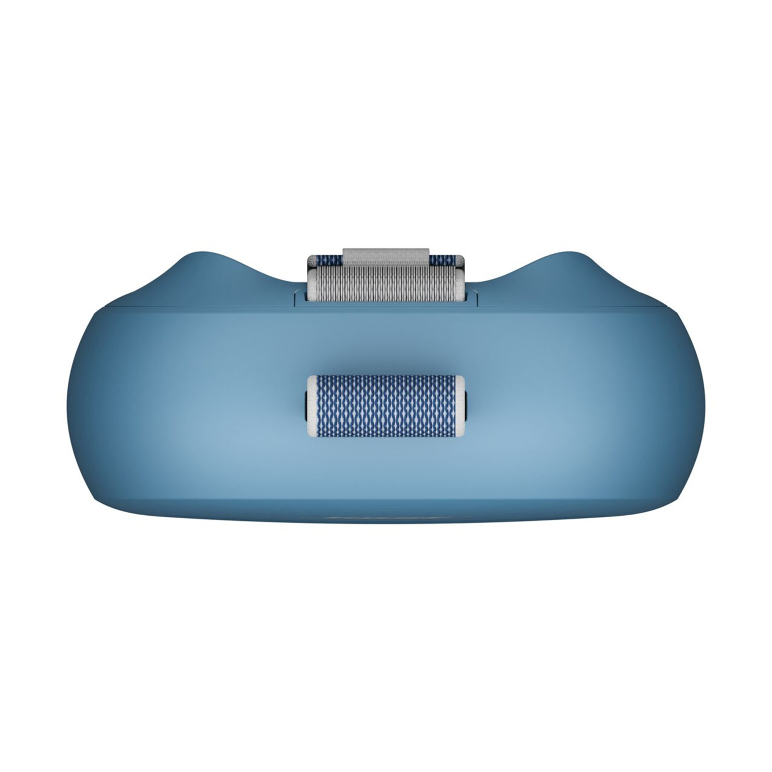 Un oggetto blu arrotondato, forse un rasoio elettrico, con un rullo strutturato e un elemento superiore. Sfondo bianco.