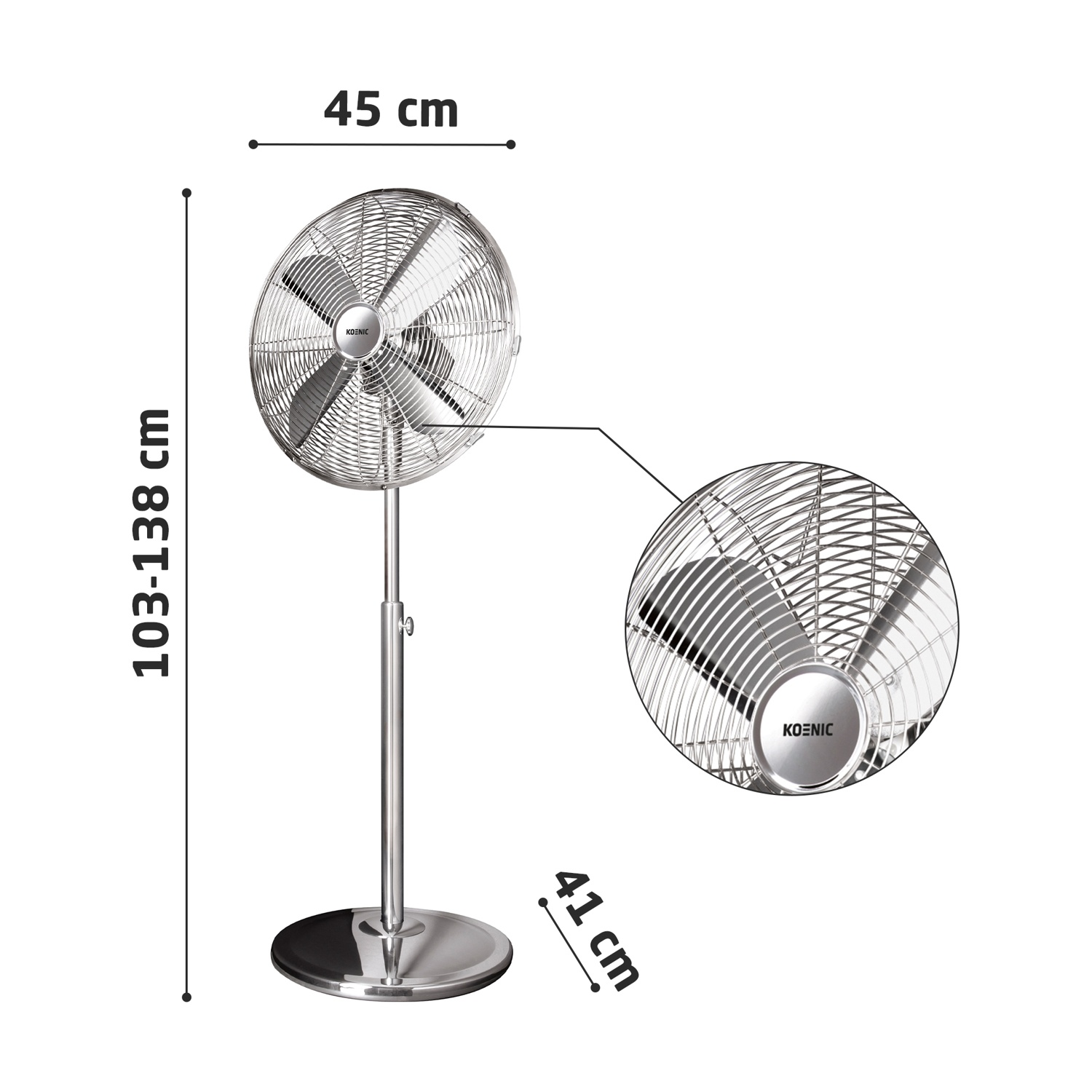Un ventilatore a colonna cromato con testa rotonda e base circolare. Le dimensioni sono visualizzate. Il ventilatore è etichettato 'KOENIC'.